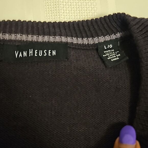 Van Heusen Men's Ribbed V-Neck Argyle Long Sleeves Sweater Large Purple/Gray - Picture 11 of 16